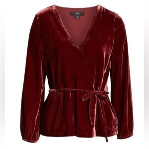 J. Crew Women’s Faux Wrap Velvet Top Burgundy Peplum Size 00